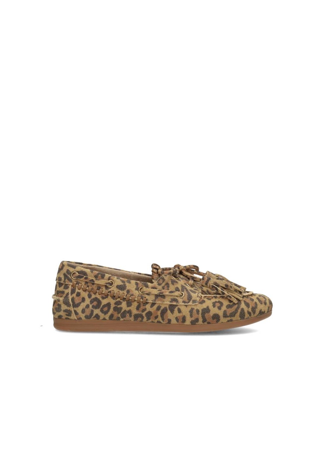 Damen-Loafer aus Leder und Wildleder mit Leo-Print, Seitenansicht links