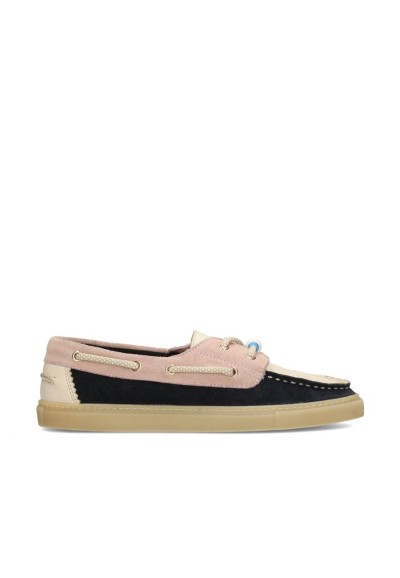 Poelman SILK dames loafers van multicolor suède in zwart, roze en crème – zijaanzicht