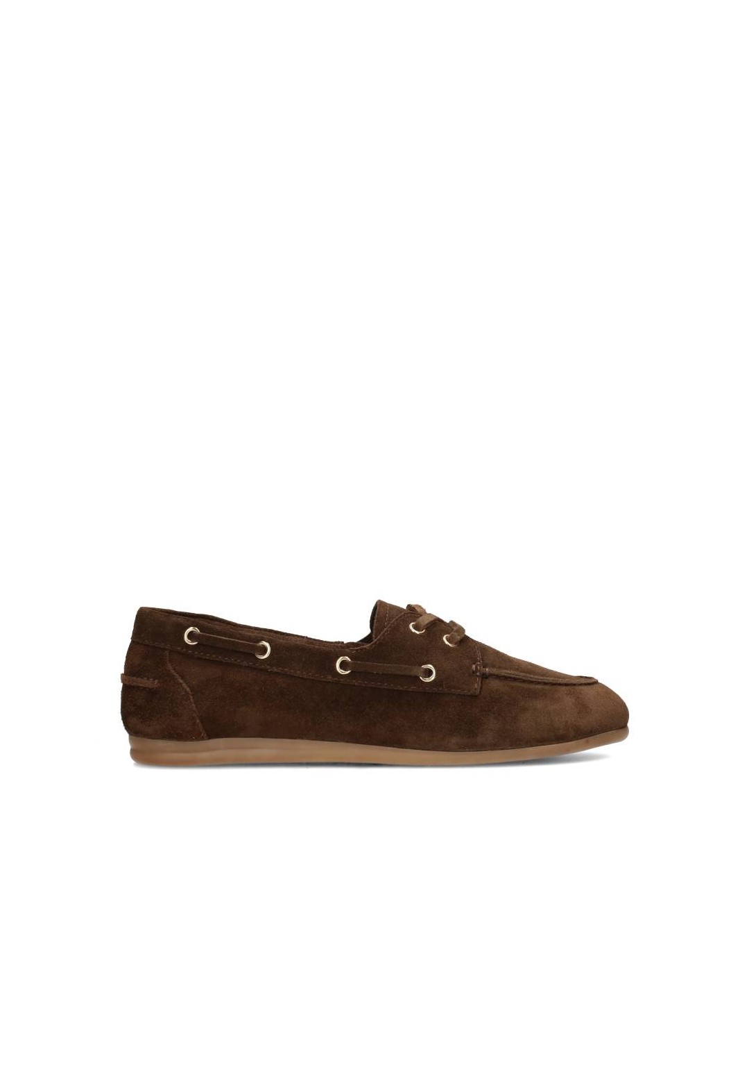 Brown suede loafer with laces and flat sole, side view