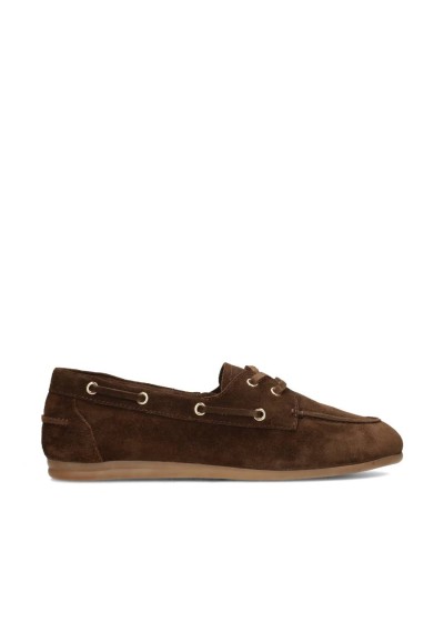 Brown suede loafer with laces and flat sole, side view
