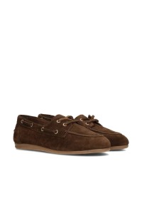 Pair of brown suede loafers with laces, side view