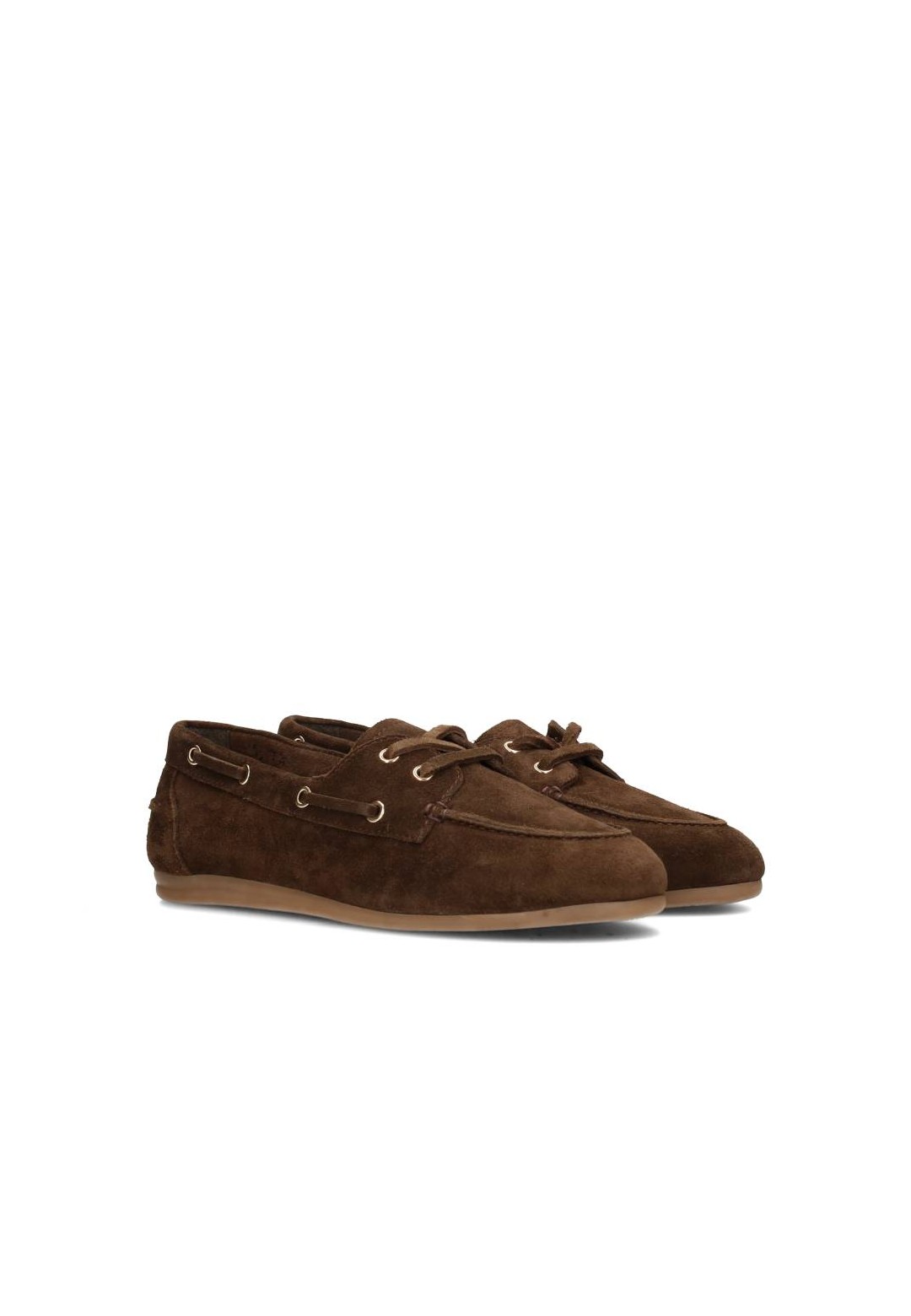 Pair of brown suede loafers with laces, side view