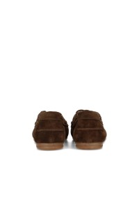 Rear view of a pair of brown suede loafers