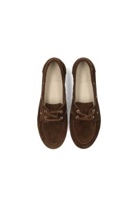 Top view of brown suede loafers with laces