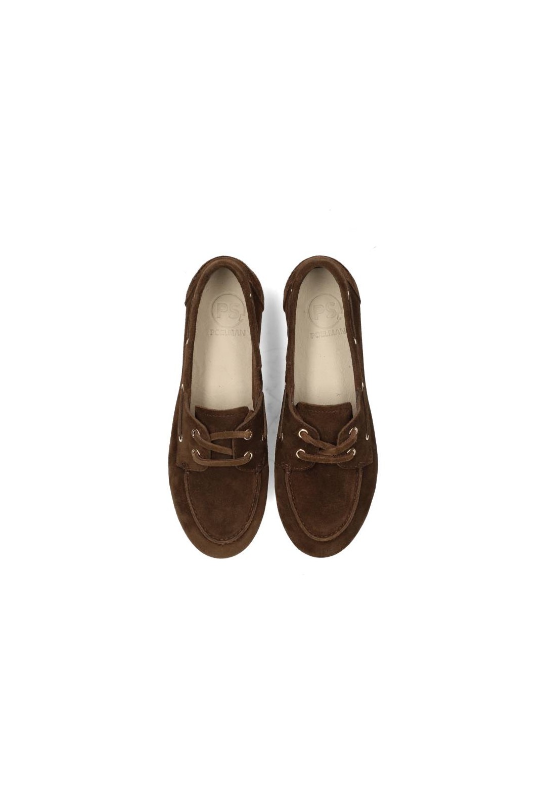 Top view of brown suede loafers with laces