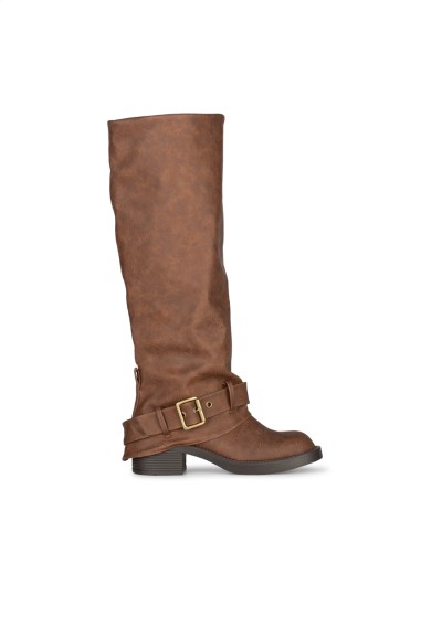Brown high boot by POSH by Poelman with buckle and low heel – side view