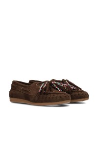 Pair of brown suede fringe loafers, angled front view