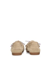 Back view of beige suede moccasin loafers
