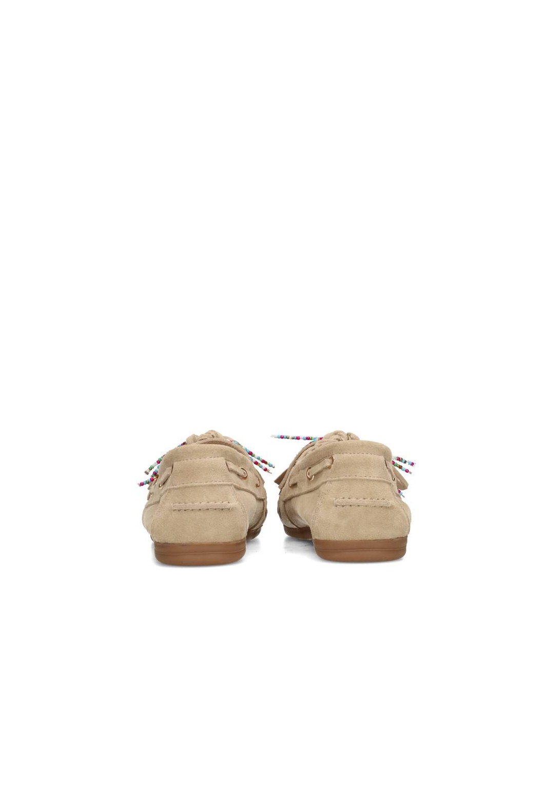 Back view of beige suede moccasin loafers