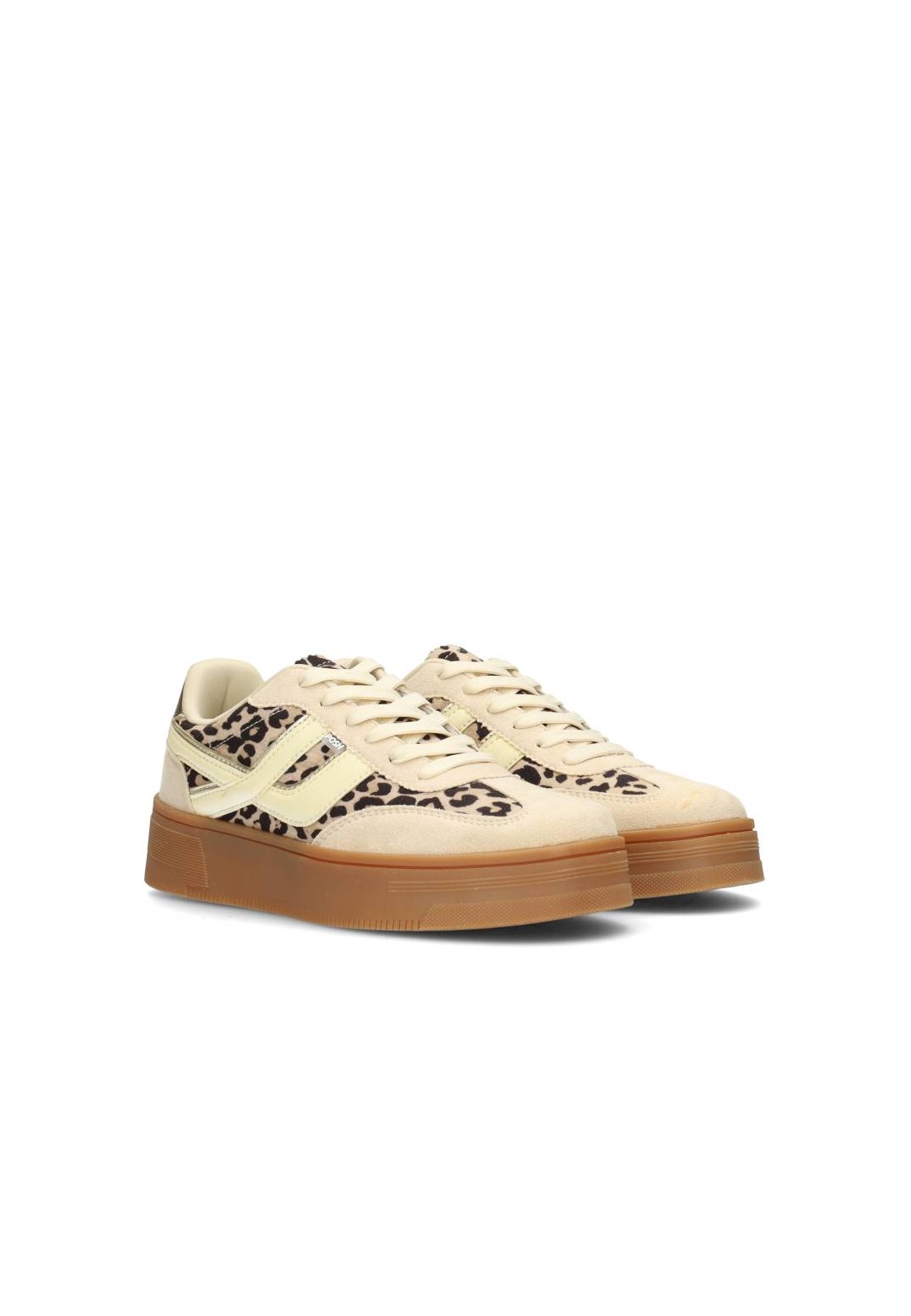 Schuin vooraanzicht van Georgia sneakers met beige veters en leoparddetail