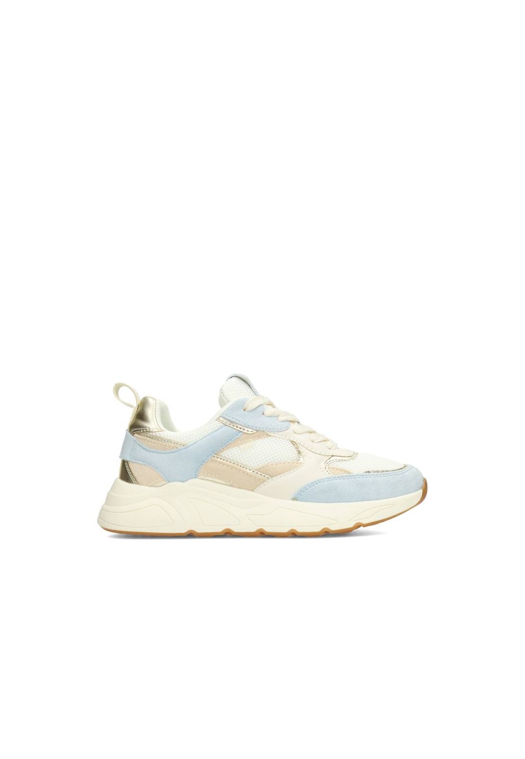 Zijaanzicht van de POSH by Poelman CARO dames sneaker in beige met lichtblauwe en gouden accenten