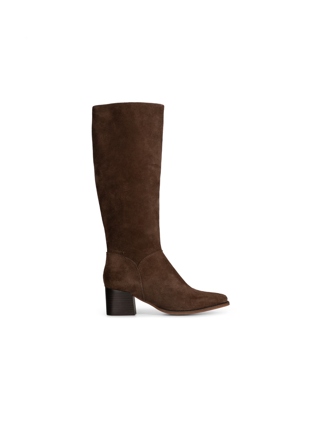 Dark brown suede knee-high boots for women, side view