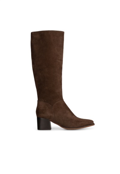 Dark brown suede knee-high boots for women, side view