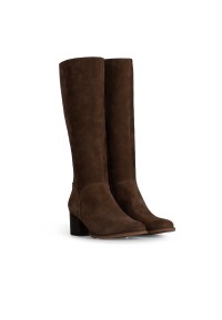 Dark brown suede knee boots with block heel, angled front view
