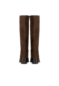 Rear view of dark brown suede knee-high boots