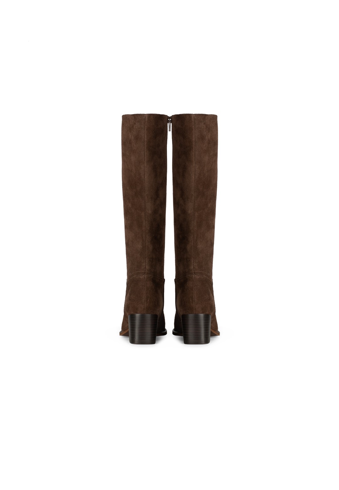 Rear view of dark brown suede knee-high boots