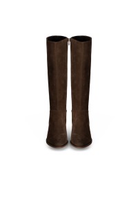Front view of a pair of dark brown suede women’s boots