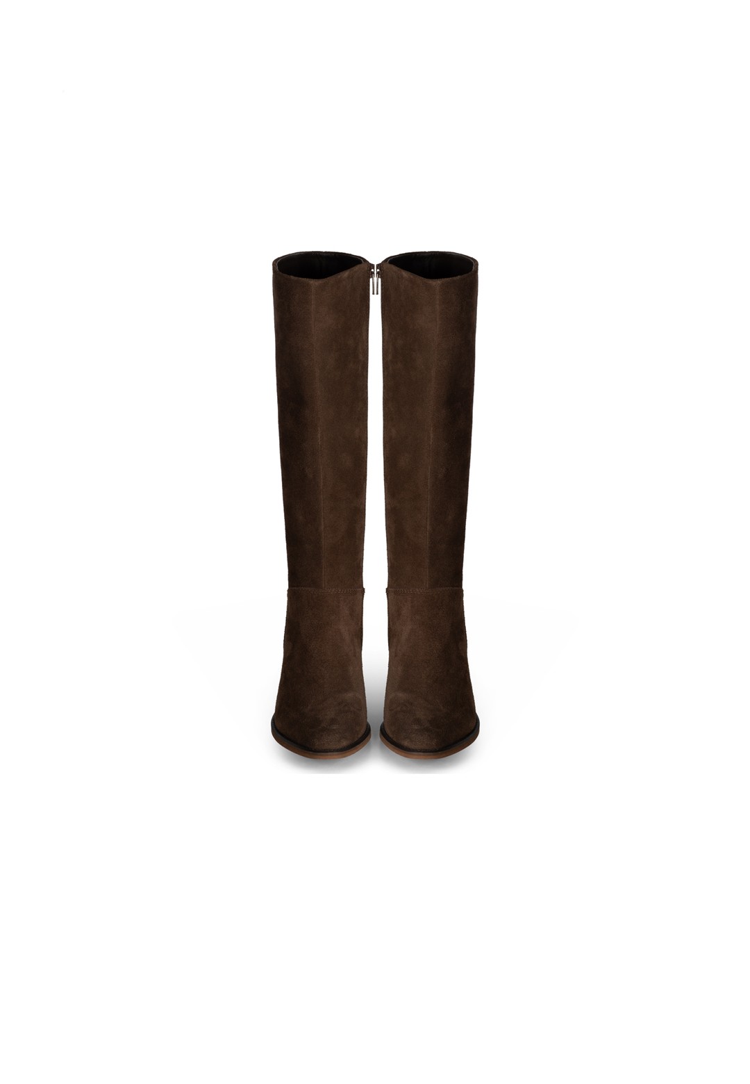 Front view of a pair of dark brown suede women’s boots