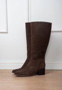 Side view of a dark brown suede knee-high boot by PS Poelman