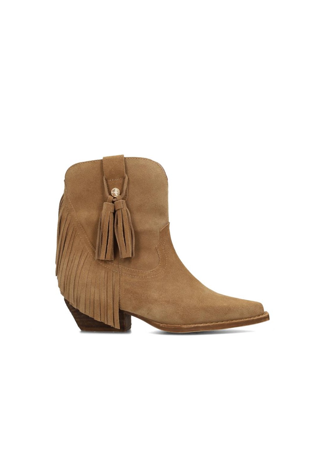 Sandfarbener Wildleder-HABOOB-Westernstiefel mit Fransen – Seitenansicht
