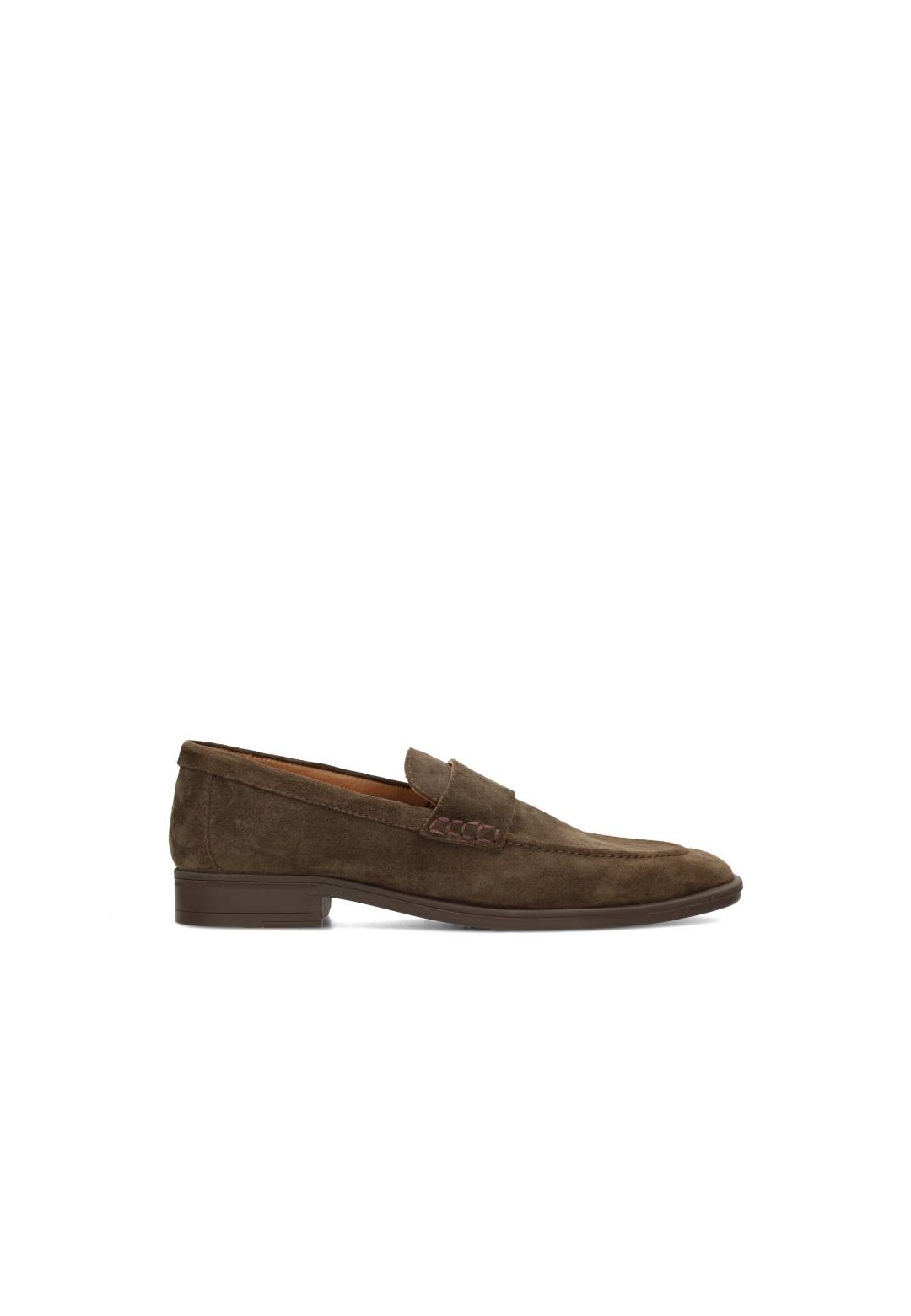Side view of the PS Poelman JIM men’s loafer in dark brown suede