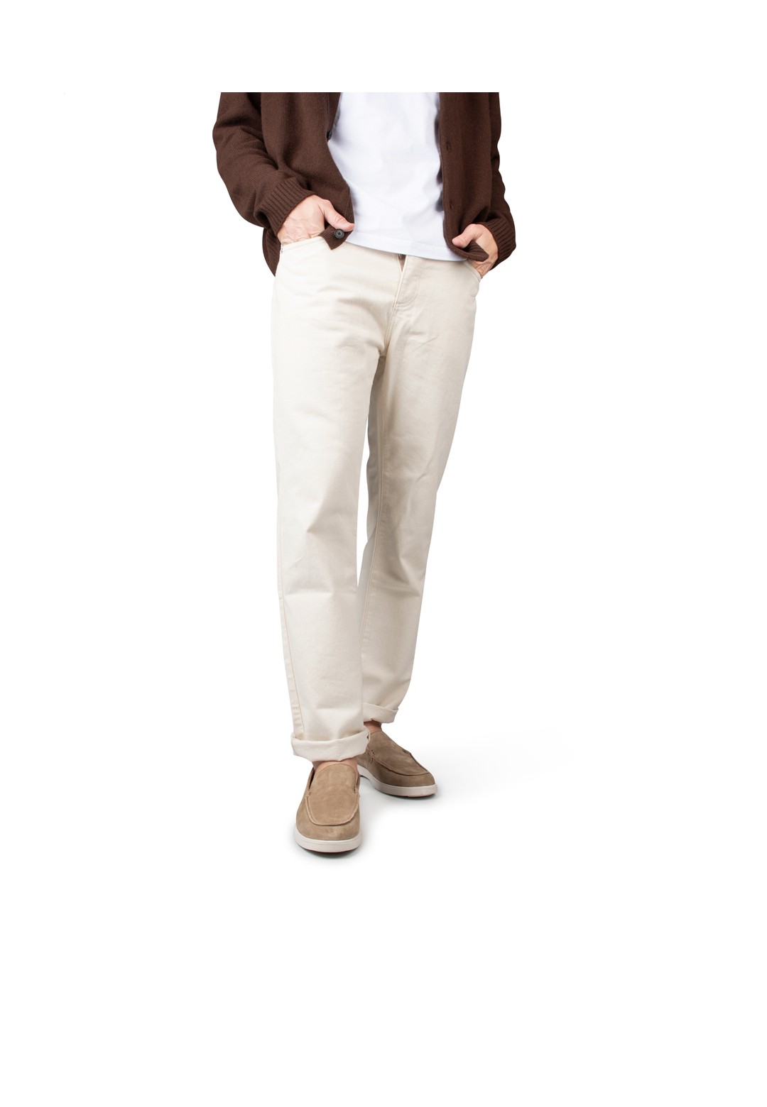 Front view of the TIVOLI loafers worn with light trousers