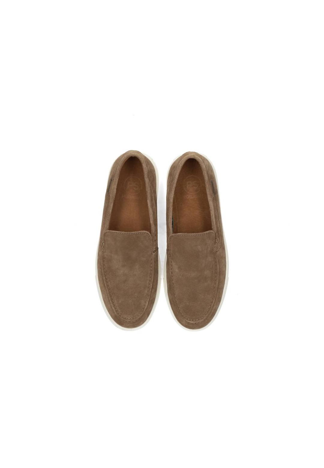 Draufsicht auf die taupefarbenen MICK Slipper aus Wildleder