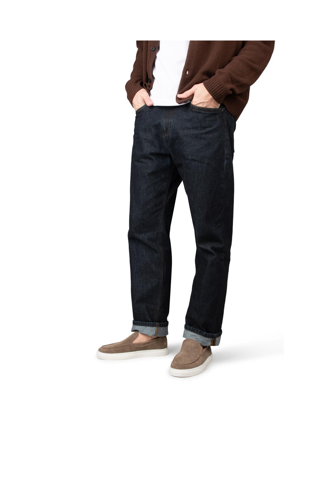 Taupe MICK loafers worn with dark jeans  side view