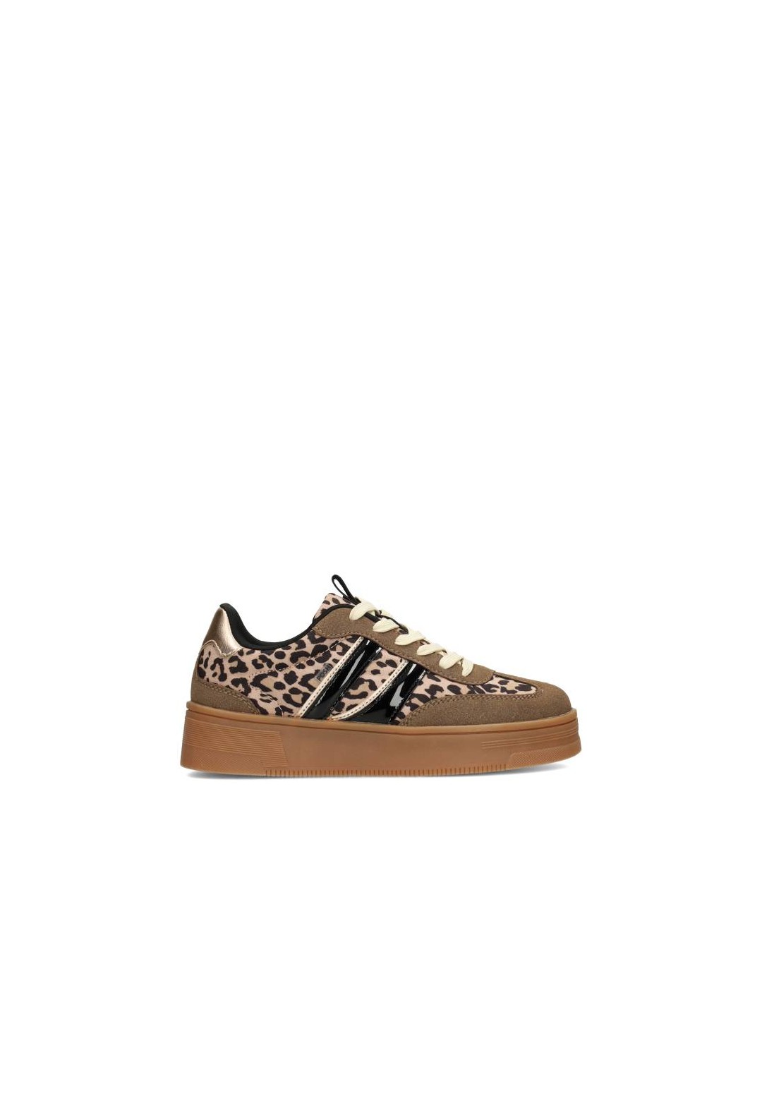 LILLY dames sneaker van POSH by Poelman met leopardprint, zwarte lakdetails en chunky bruine zool, zijaanzicht