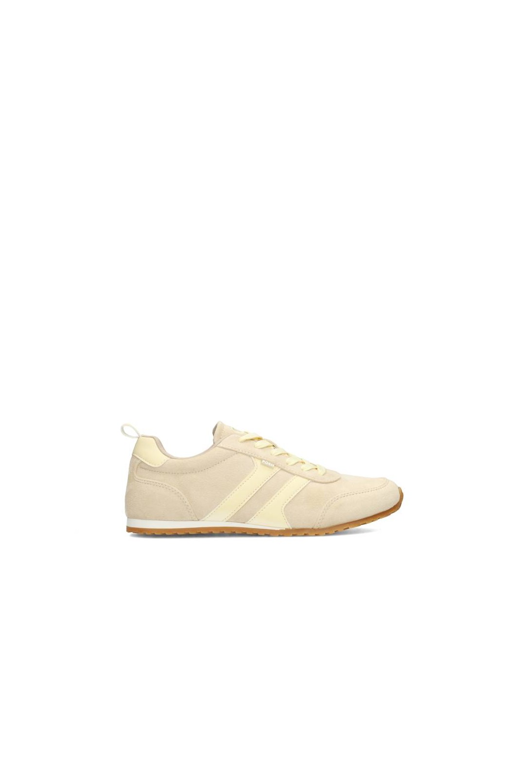 Beige MAXINE women’s sneaker by POSH by Poelman with light yellow accents and rubber sole, side view