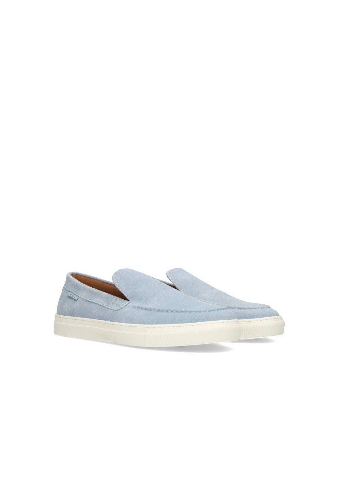 Light blue suede men's loafers with white sole, angled front view