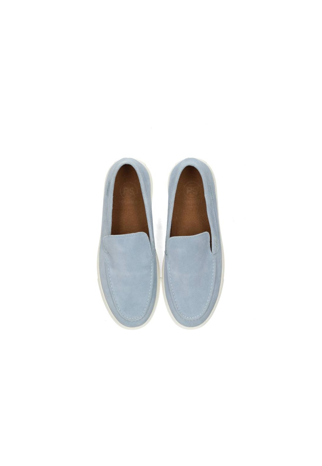 Top view of a pair of light blue suede men's loafers
