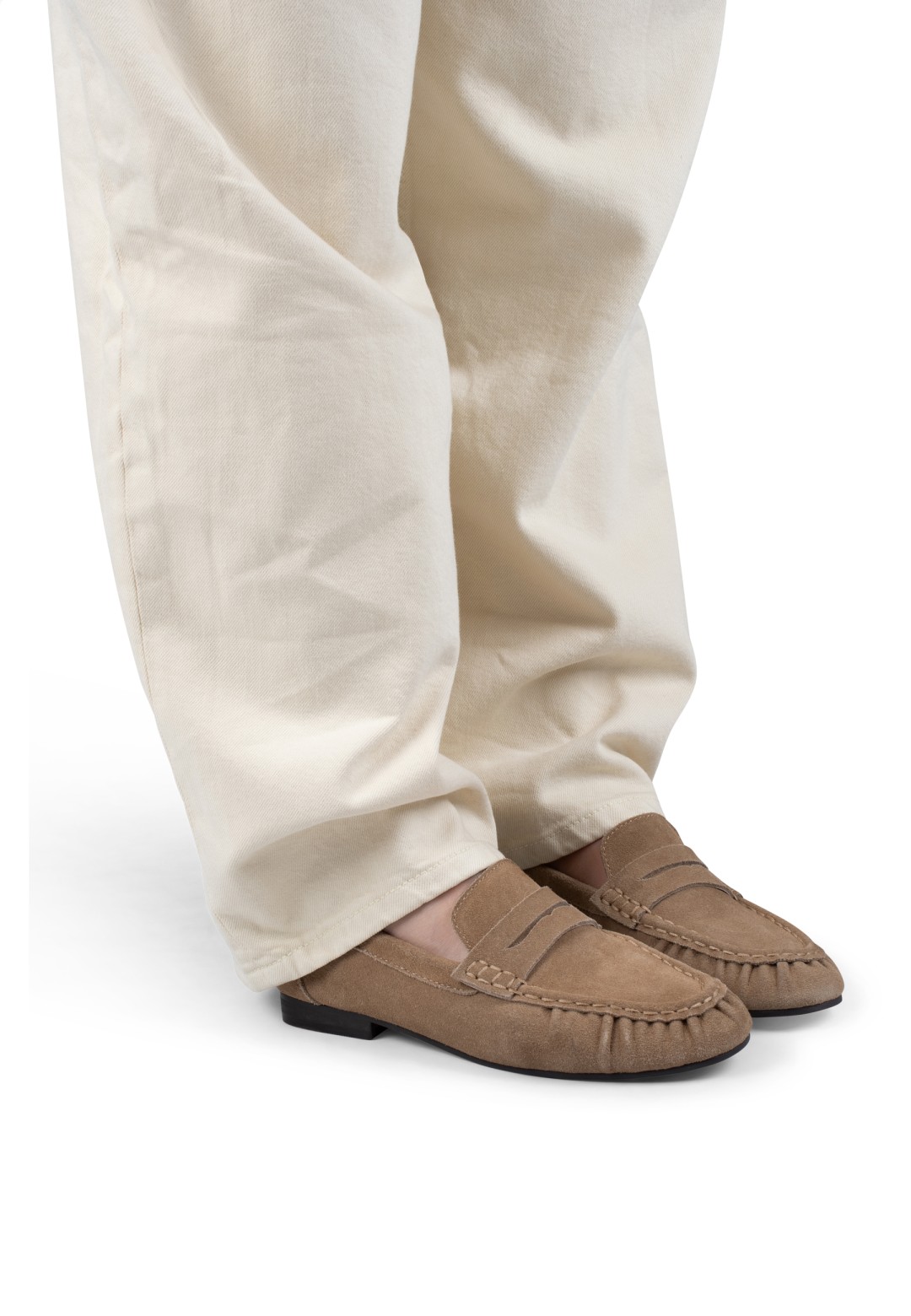 SAMMY loafers in light taupe worn with light trousers – front view