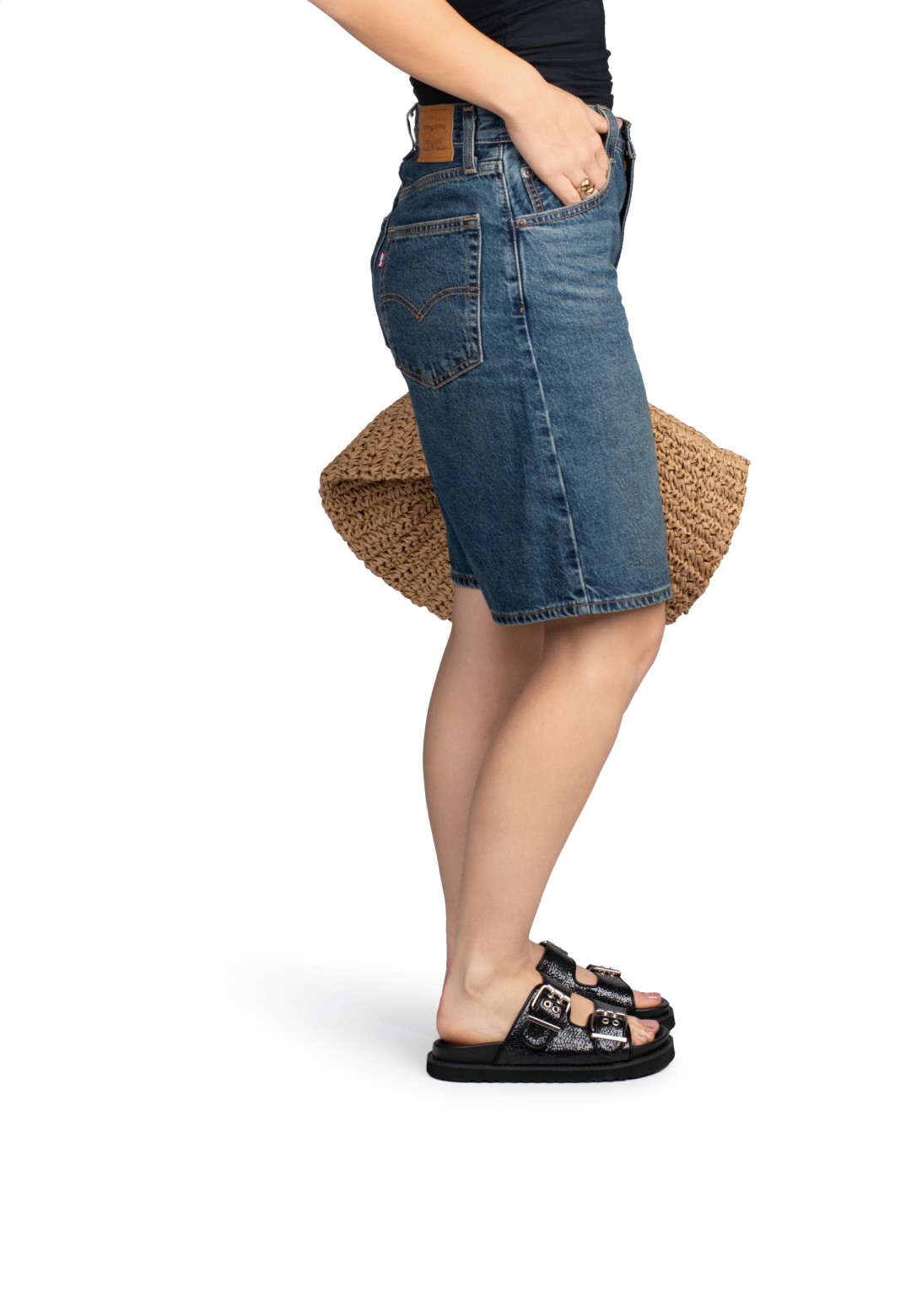 Black sandals styled with denim shorts – side view