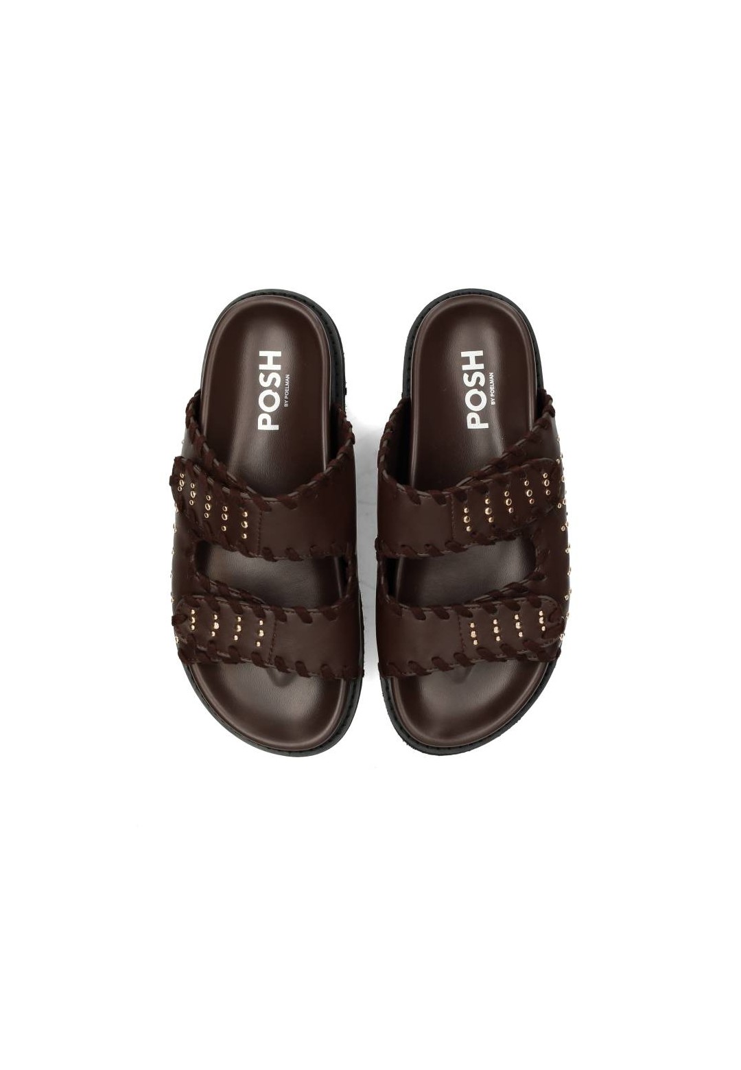 Bovenaanzicht POSH by Poelman NENA sandalen donkerbruin imitatieleer met studs en comfortabele pasvorm
