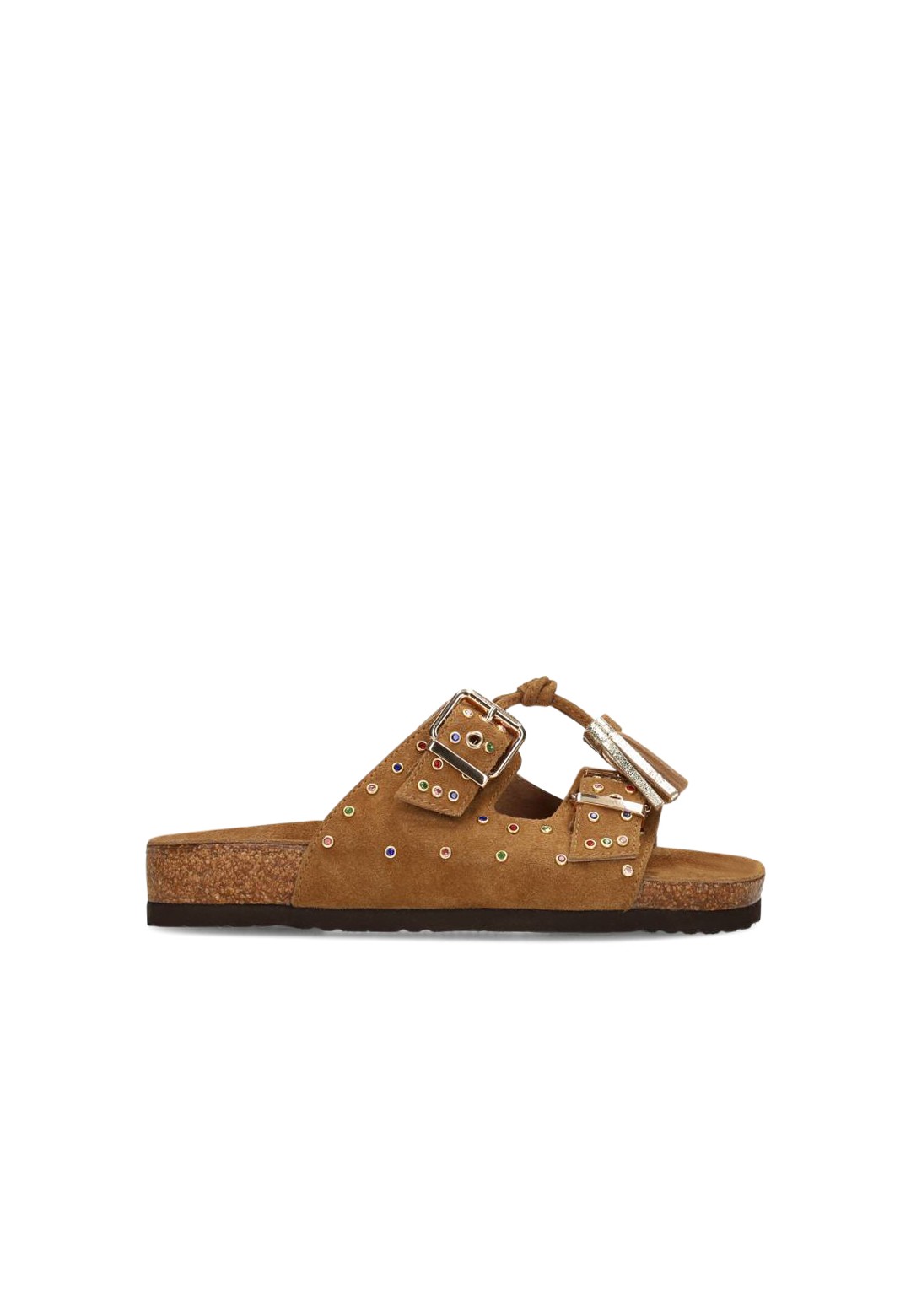 Side view of the PS Poelman LINDSEY women’s sandal in cognac suede with buckles