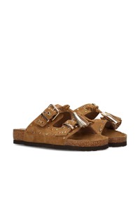 Angled front view of the cognac LINDSEY sandal pair with buckles