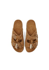 Top view of the cognac suede LINDSEY sandals