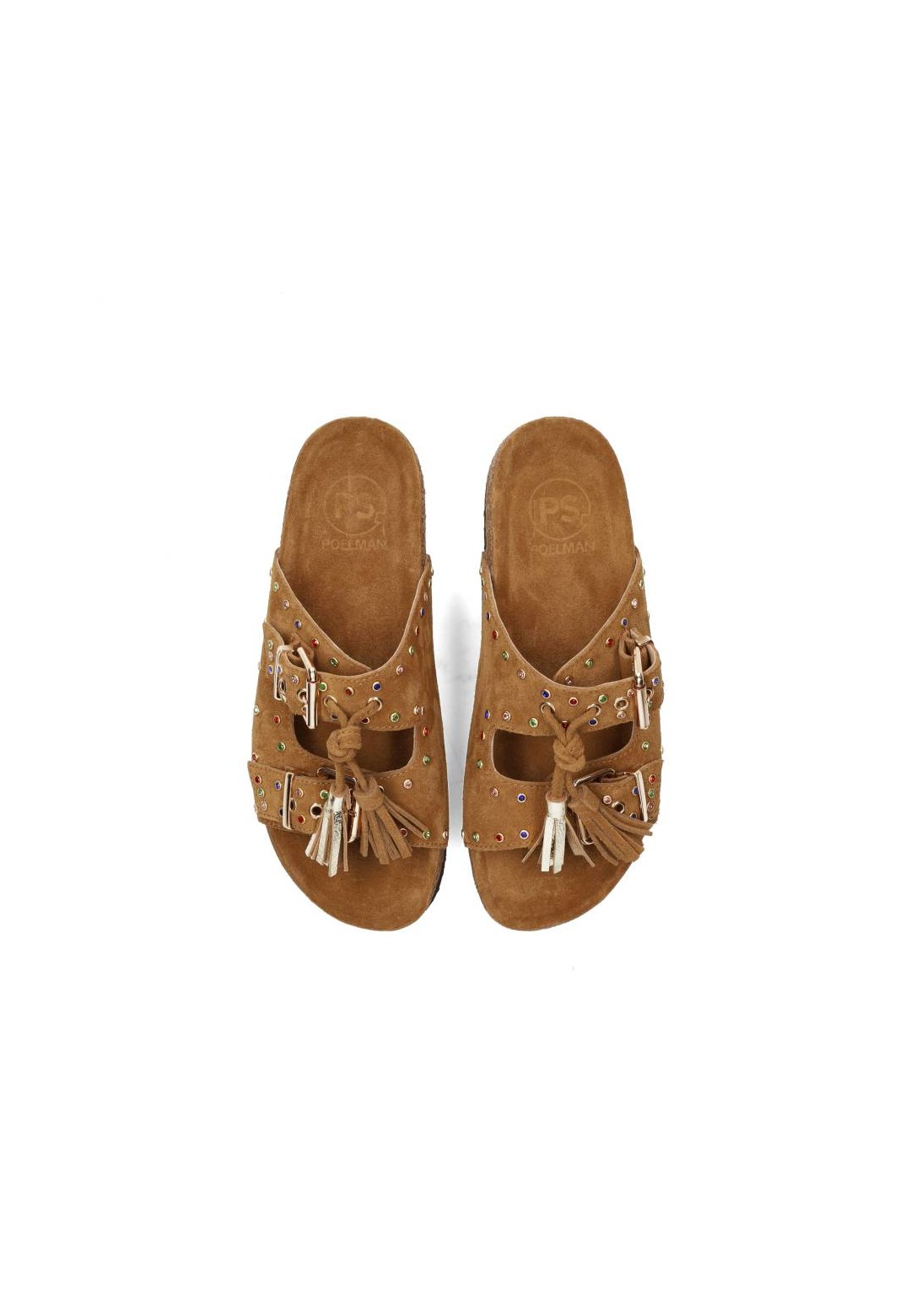 Top view of the cognac suede LINDSEY sandals