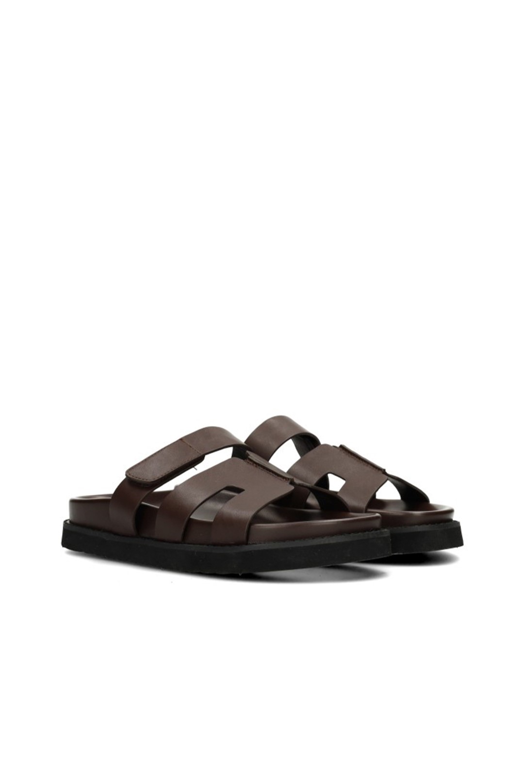 Angled front view of the dark brown SCOTTIE sandal pair