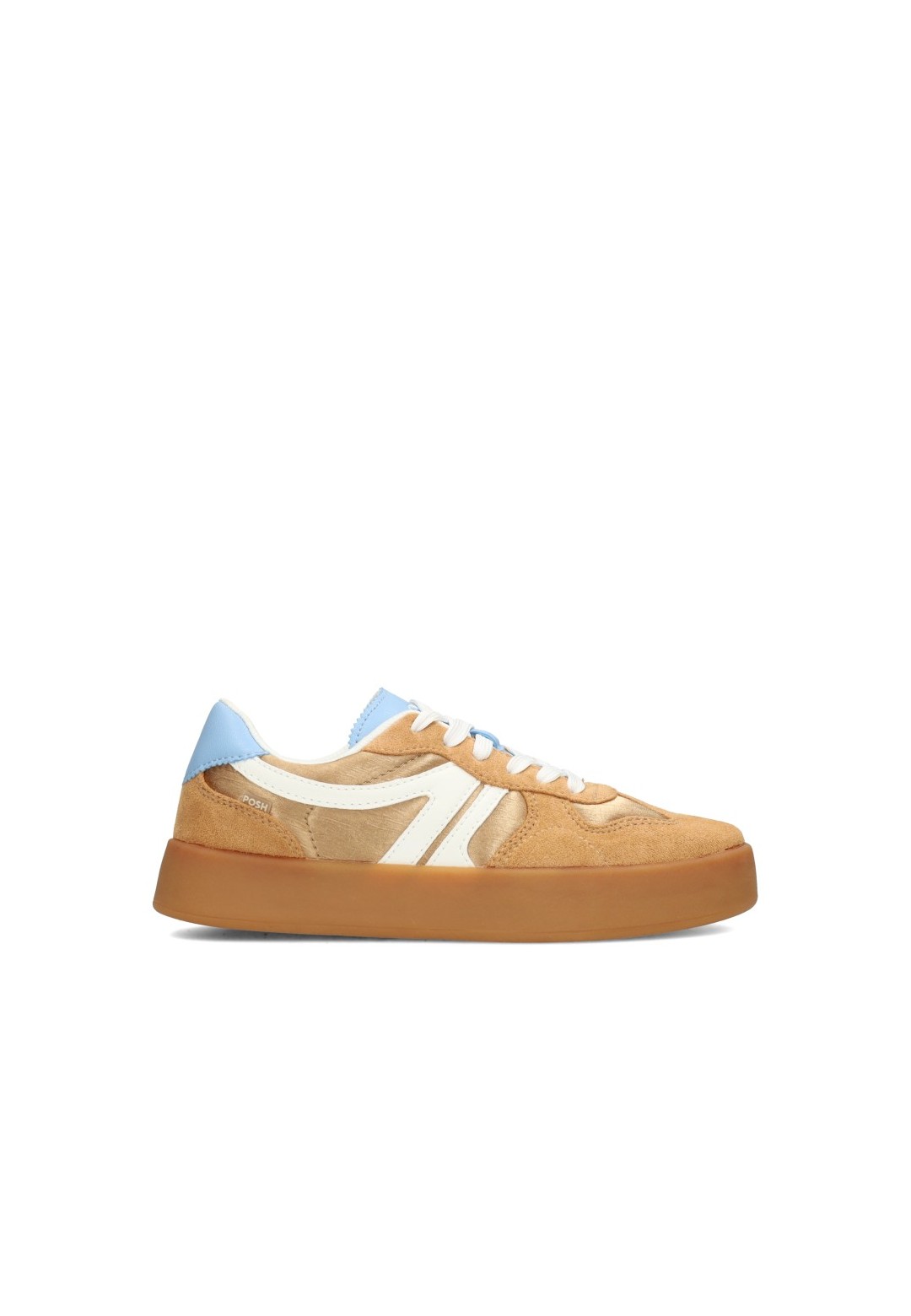 Side view of the POSH by Poelman FLO women’s sneaker in cognac leather with white details – main image