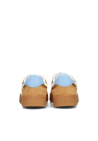 Rear view of the cognac FLO sneakers with light blue lining