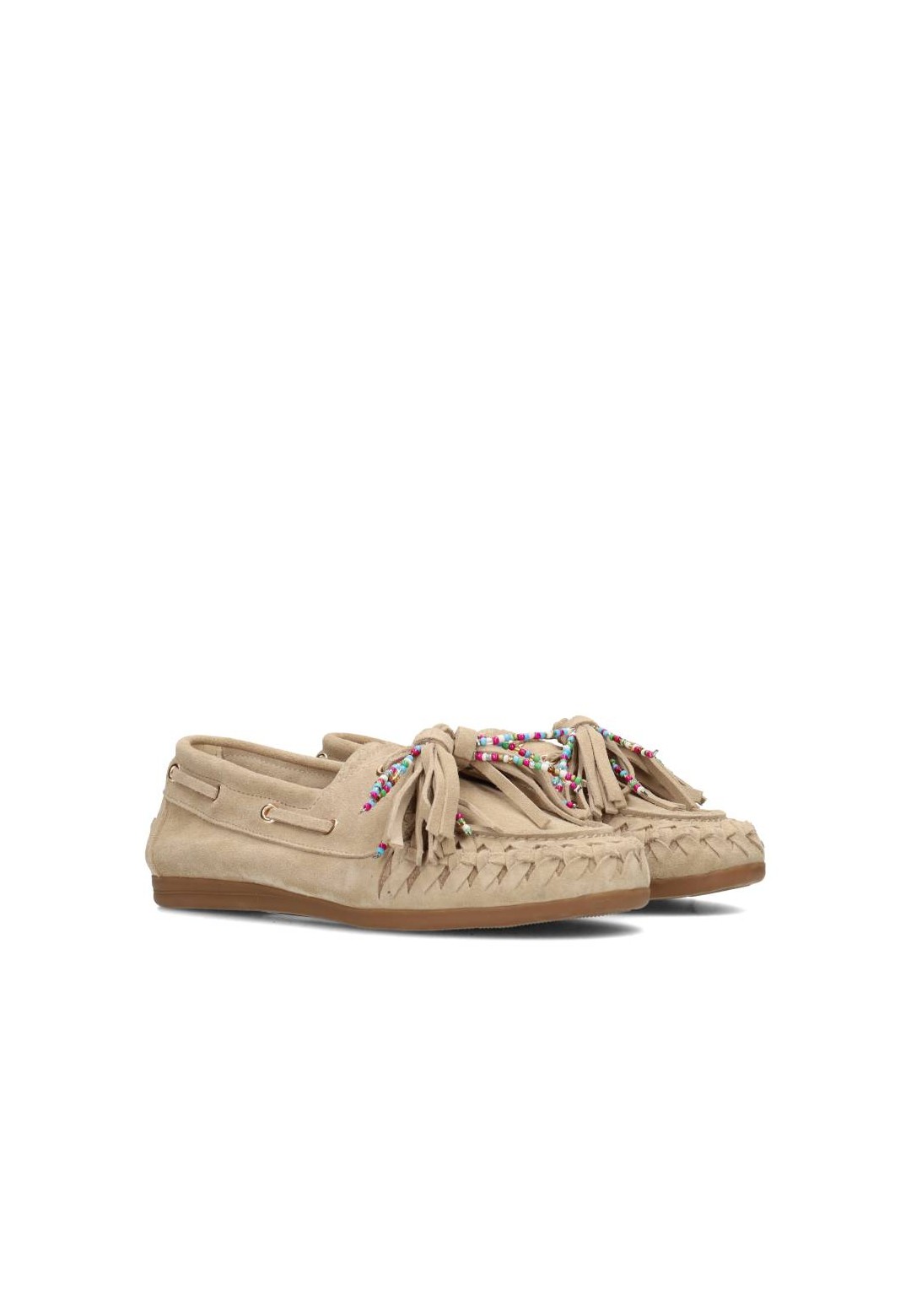 Side view of beige suede moccasin loafers