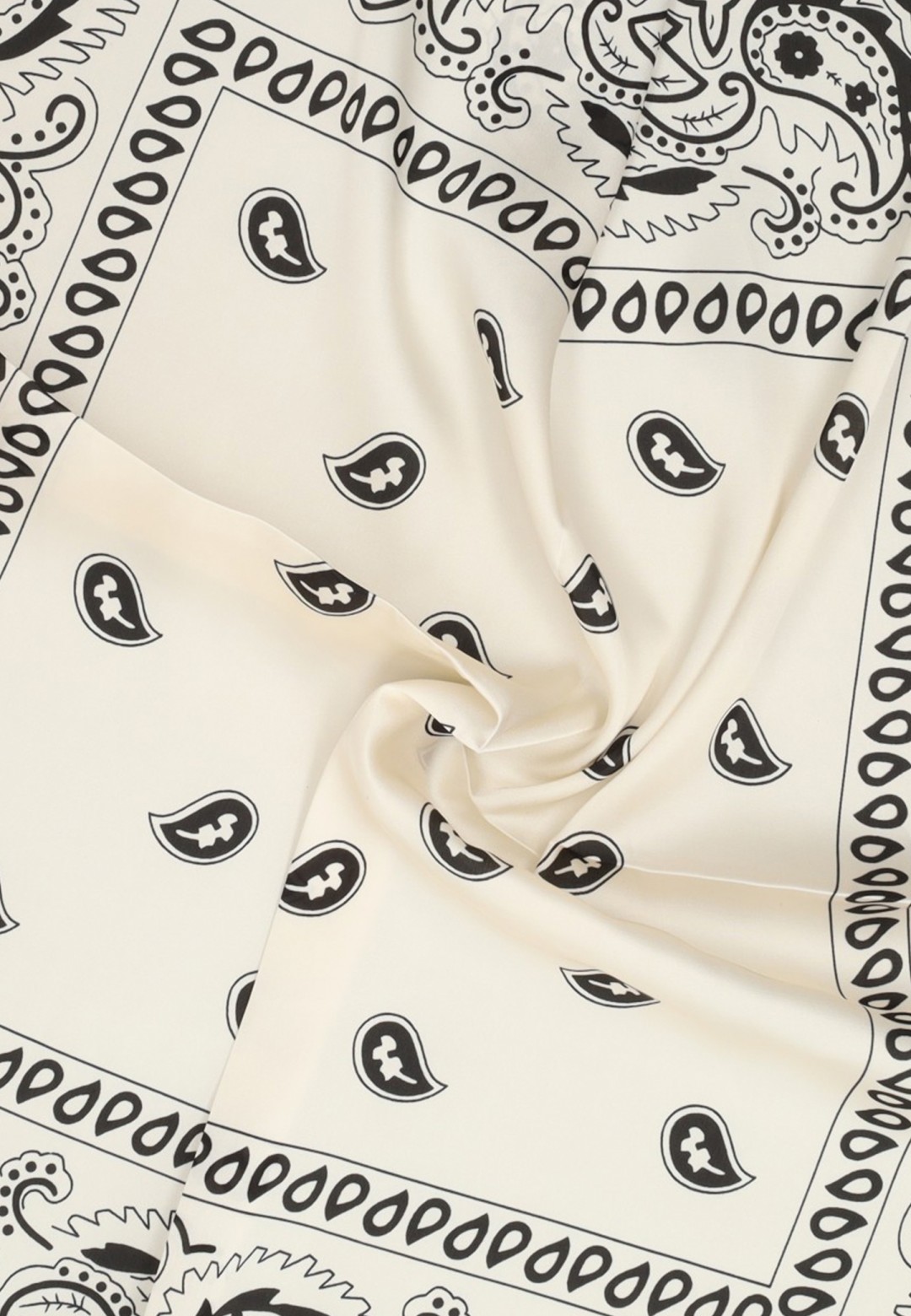 Detail of cream POSH by Poelman scarf with black paisley pattern