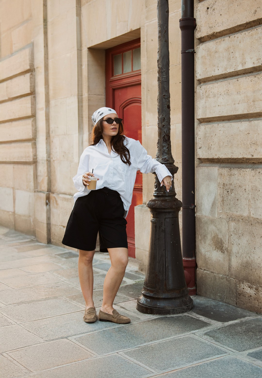 PS Poelman Sammy beige suede loafers – lifestyle image walking in the city