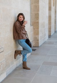 Model wearing HABOOB Beth camel suede ankle boots