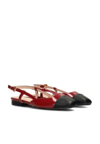 Haboob Bisou red ballerina flats with black toe, angled front view