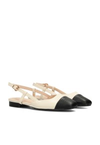 Haboob Bisou cream ballerina flats with black toe, angled front view
