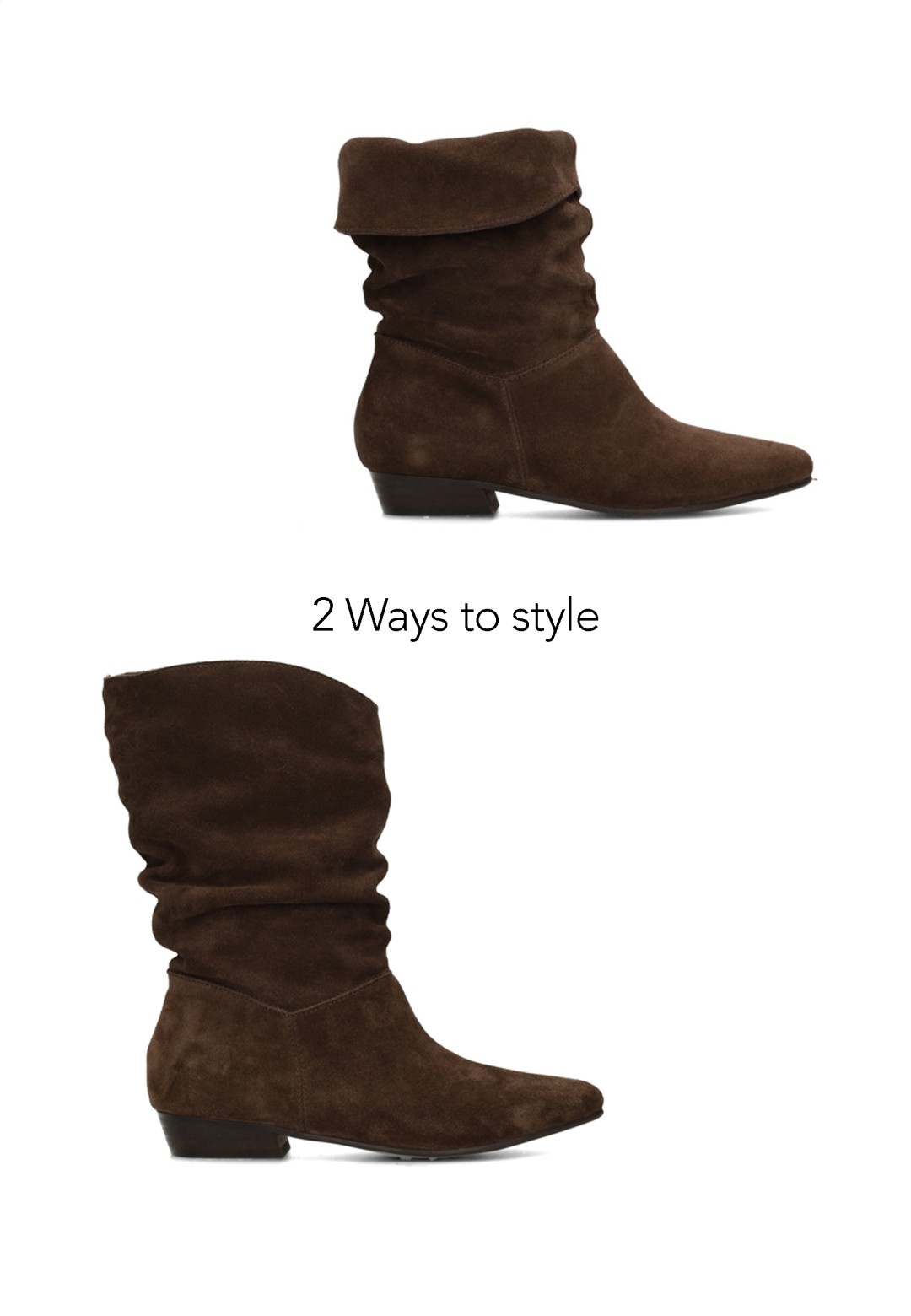 Dunkelbrauner Wildleder Dorien Stiefel von PS Poelman in zwei Styling-Varianten