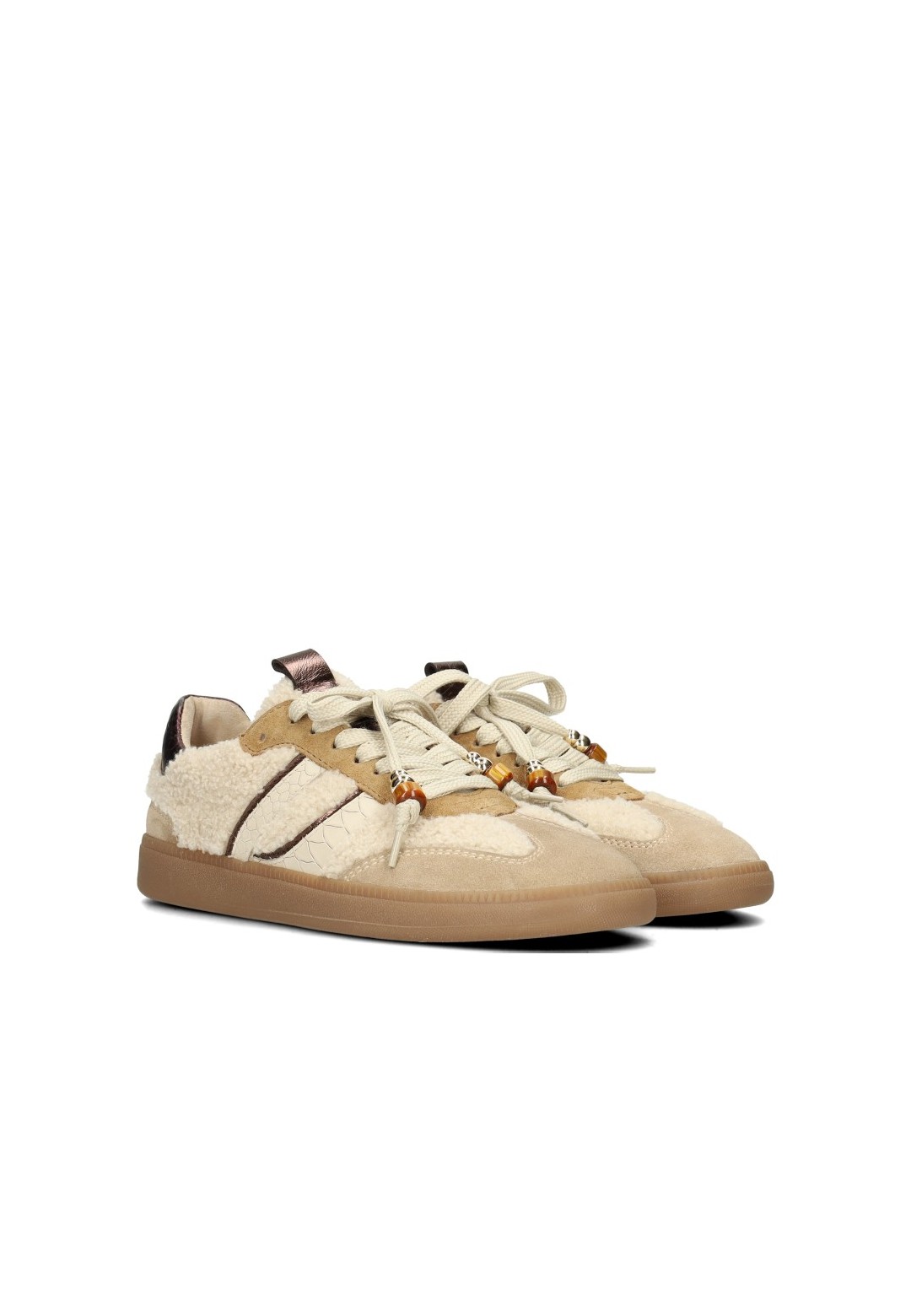 HABOOB Skye women's beige sneakers with gold accents – angled front view